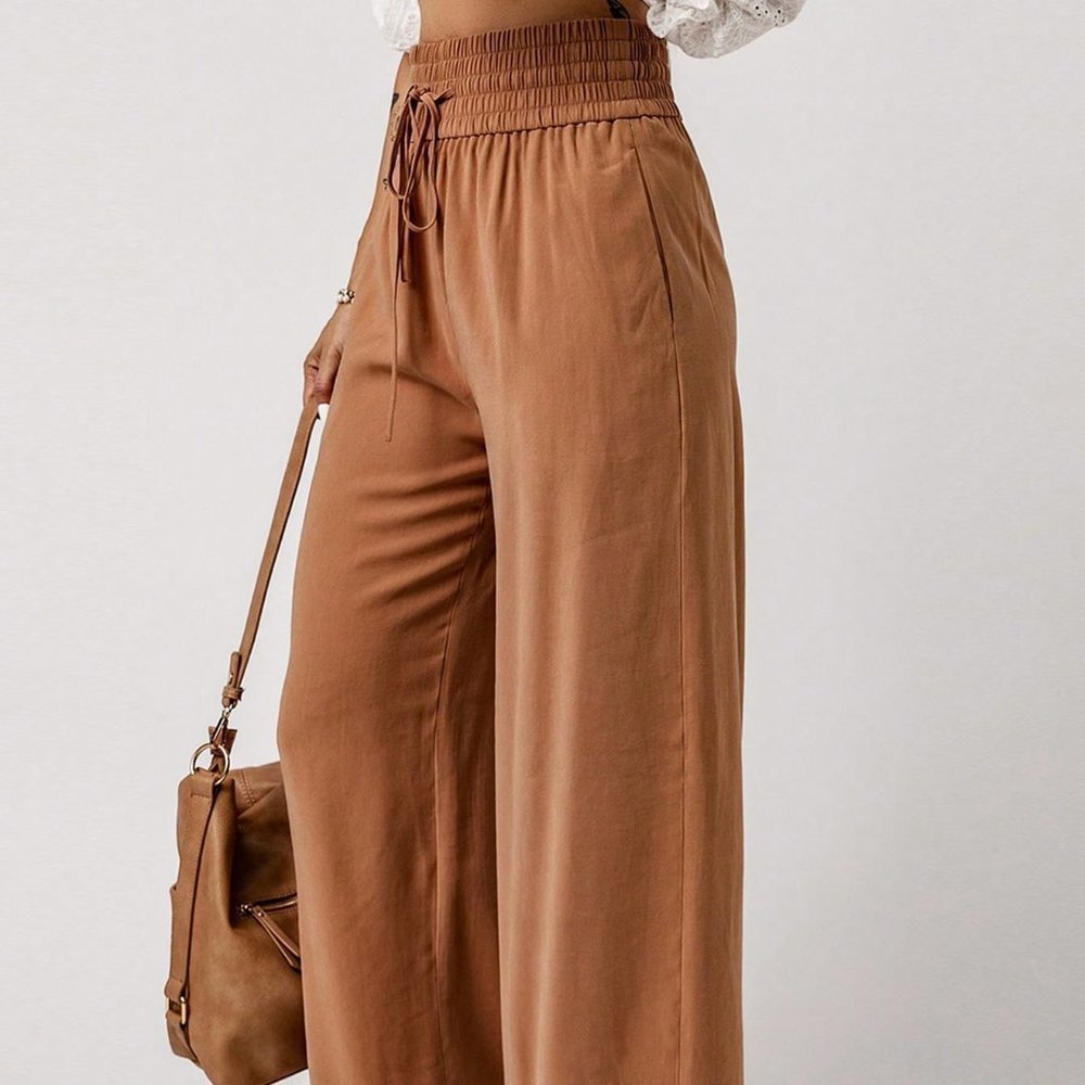 Brown Preppy Womens Drawstring Waist Wide Leg Pants - Picture 3 of 6